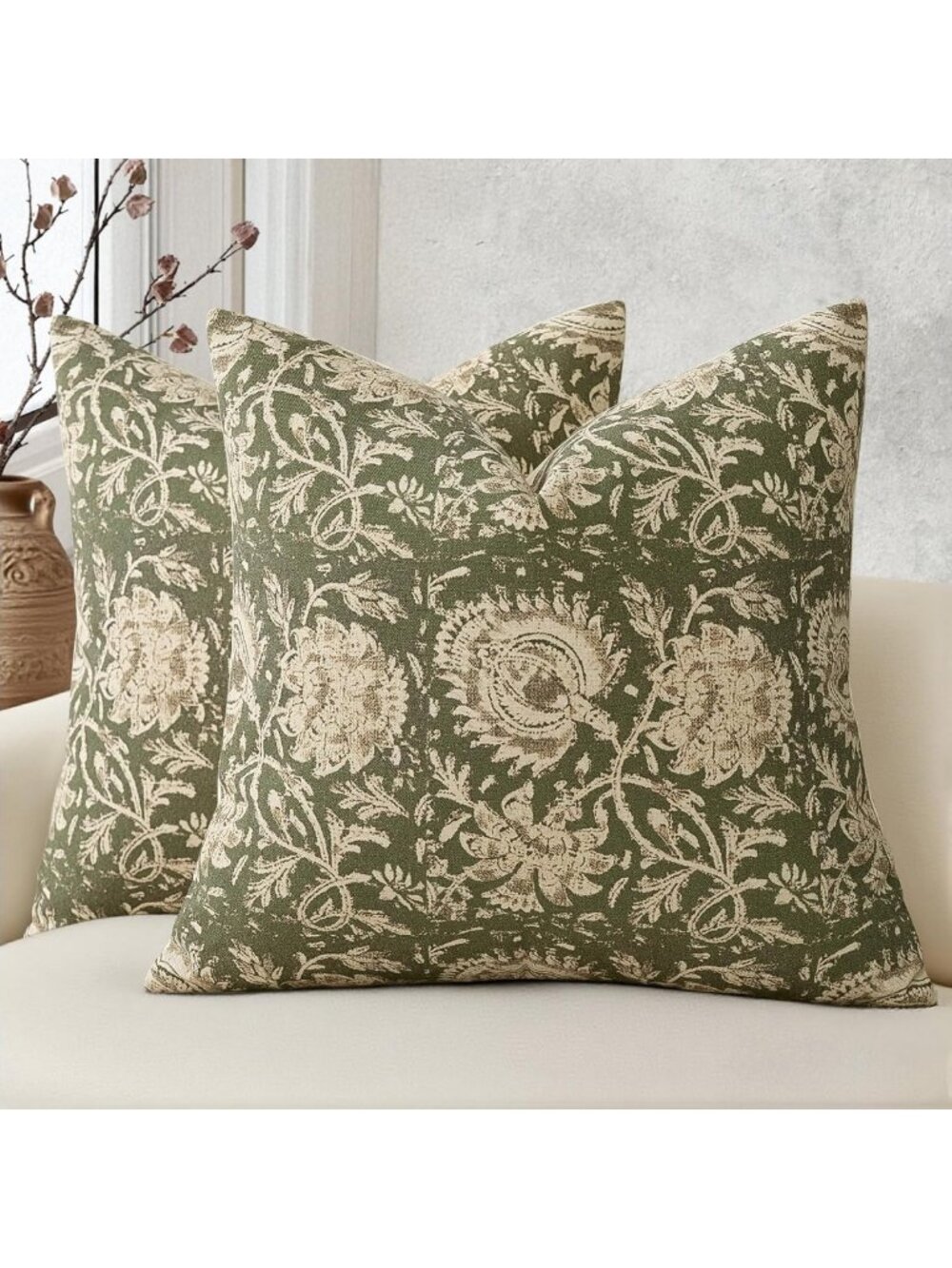 Set of 2 Vintage Floral Throw Pillow Covers 18x18 - Boho Farmhouse Decor, Olive